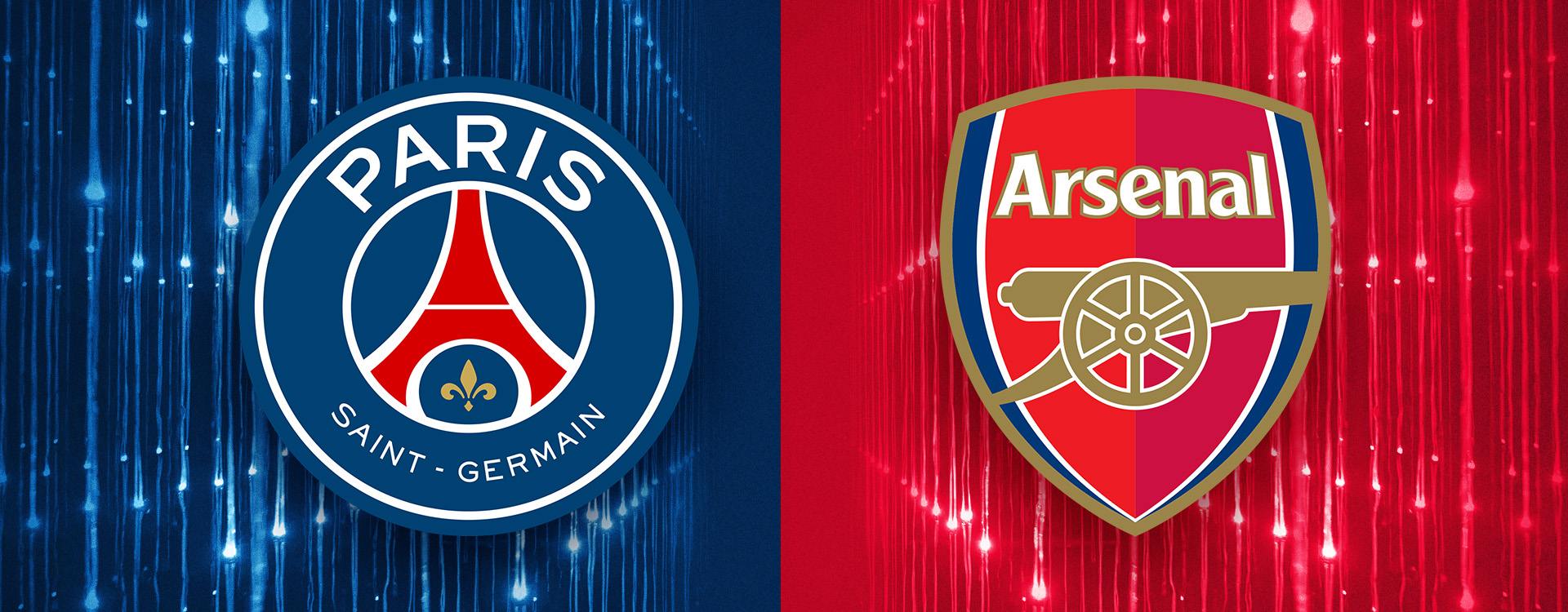 Zweigeteiltes Fußball-Duell-Poster mit dem Logo von Paris Saint-Germain auf blauem Hintergrund links und dem Wappen von Arsenal FC auf rotem Hintergrund rechts.